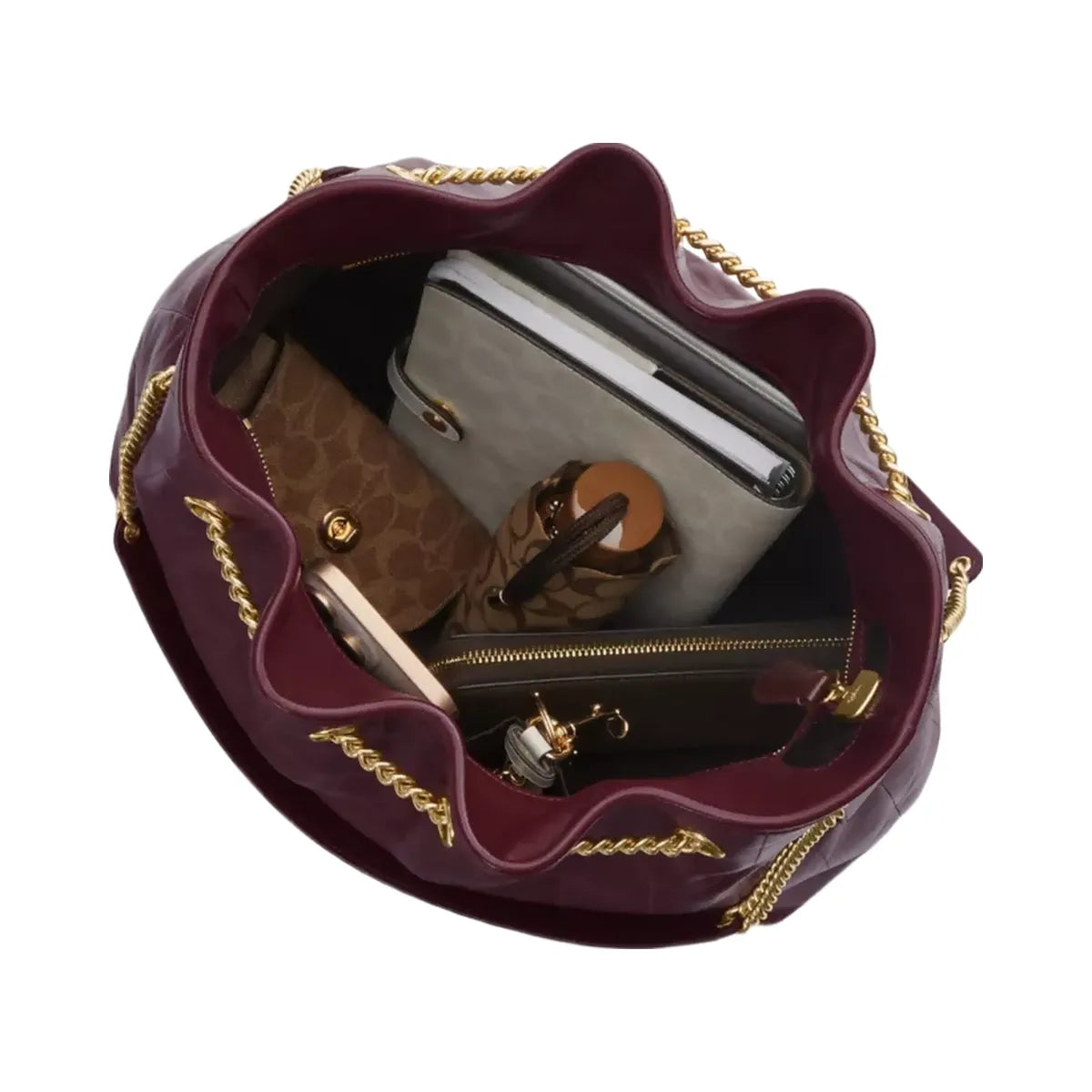 Coach Evelyn Large Shoulder Bag With Quilting in Gold Dark Wine