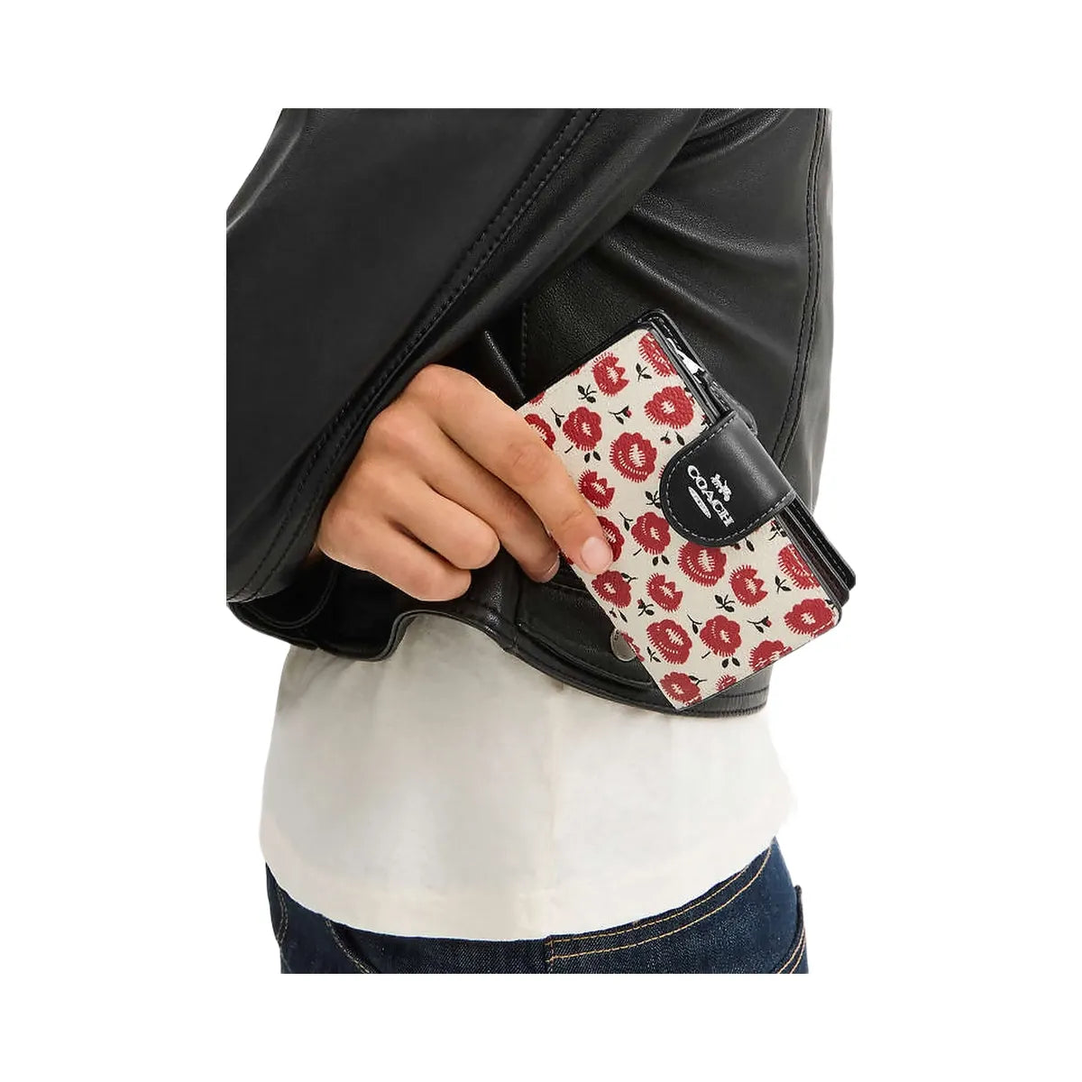 Coach Medium Corner Zip Wallet With Floral Print Silver-Chalk-Black Multi
