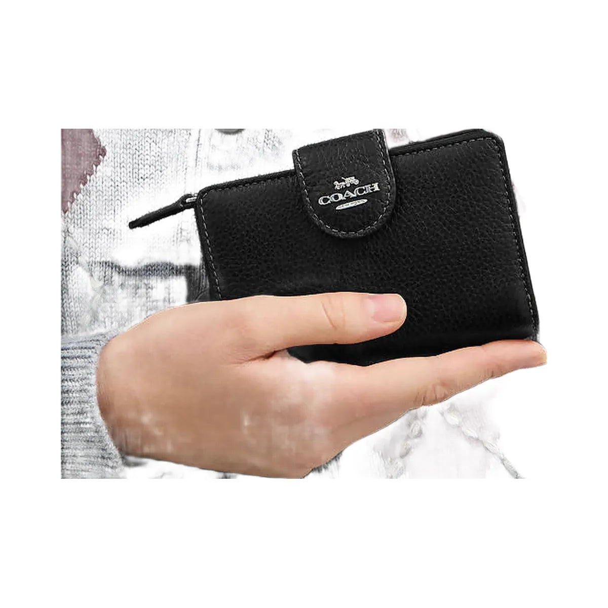 Coach Medium Corner Zip Wallet Pebbled Leather-Silver-Black