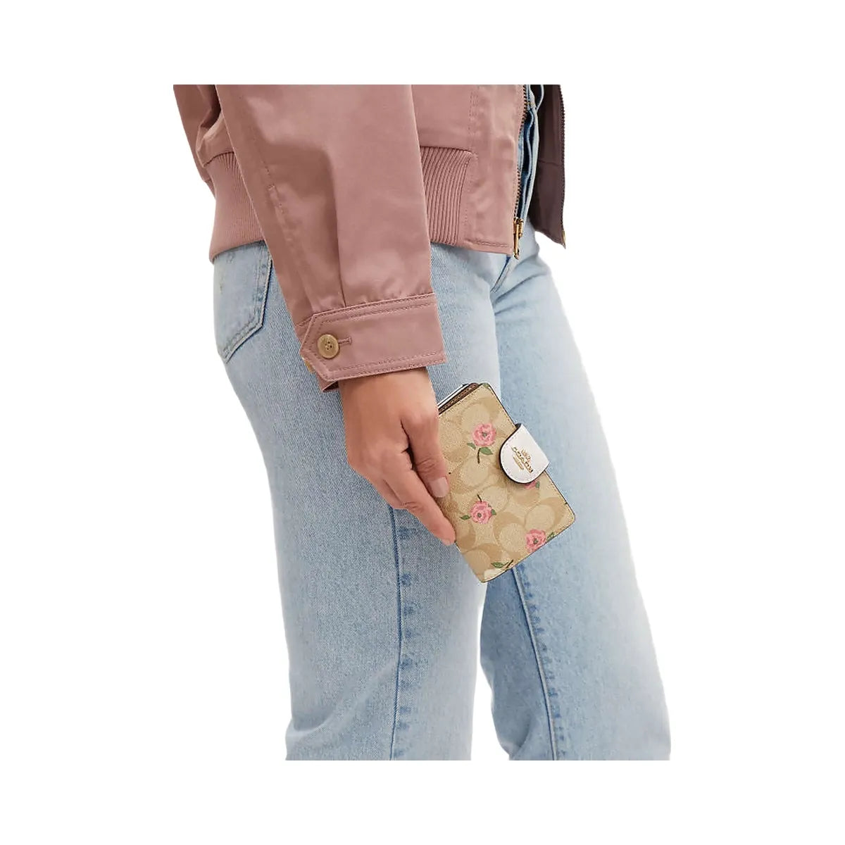 Coach Medium Corner Zip Wallet In Signature Canvas With Floral Print Signature Canvas-Gold-Light Khaki Chalk Multi