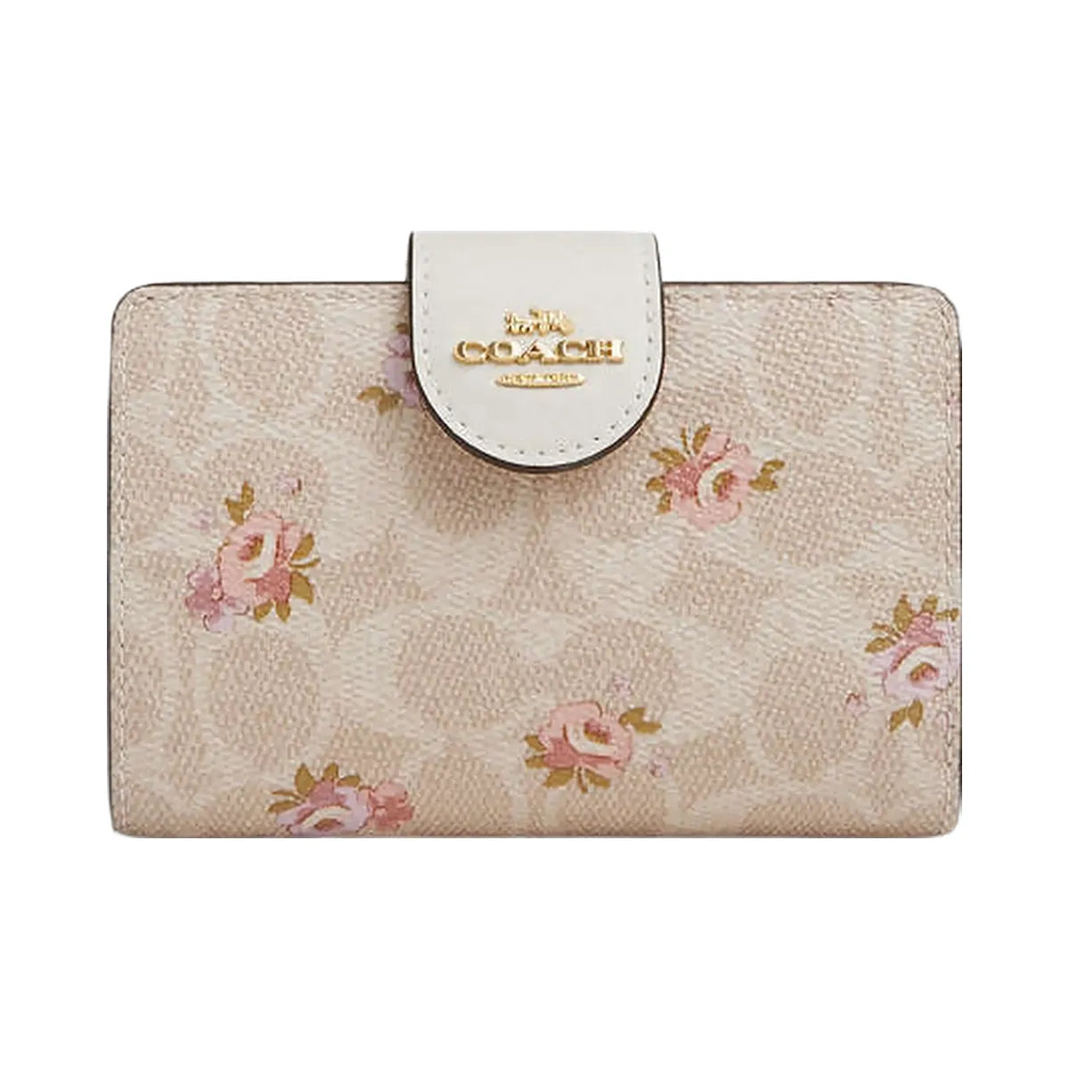 Coach Medium Corner Zip Wallet In Signature Canvas With Floral Print Gold-Sand Multi