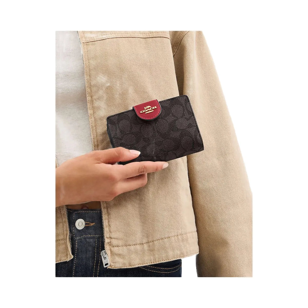 Coach Medium Corner Zip Wallet In Signature Canvas Signature Canvas-Im-Walnut-True Red