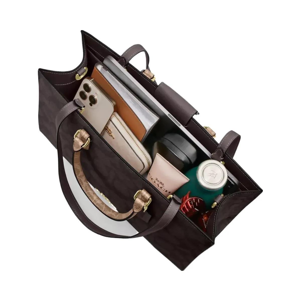 Coach Maggie Tote Bag In Blocked Signature Canvas in Gold Walnut Tan