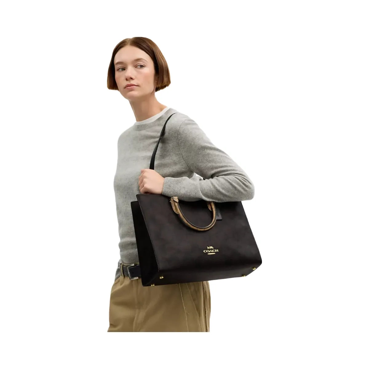 Coach Maggie Tote Bag In Blocked Signature Canvas in Gold Walnut Tan