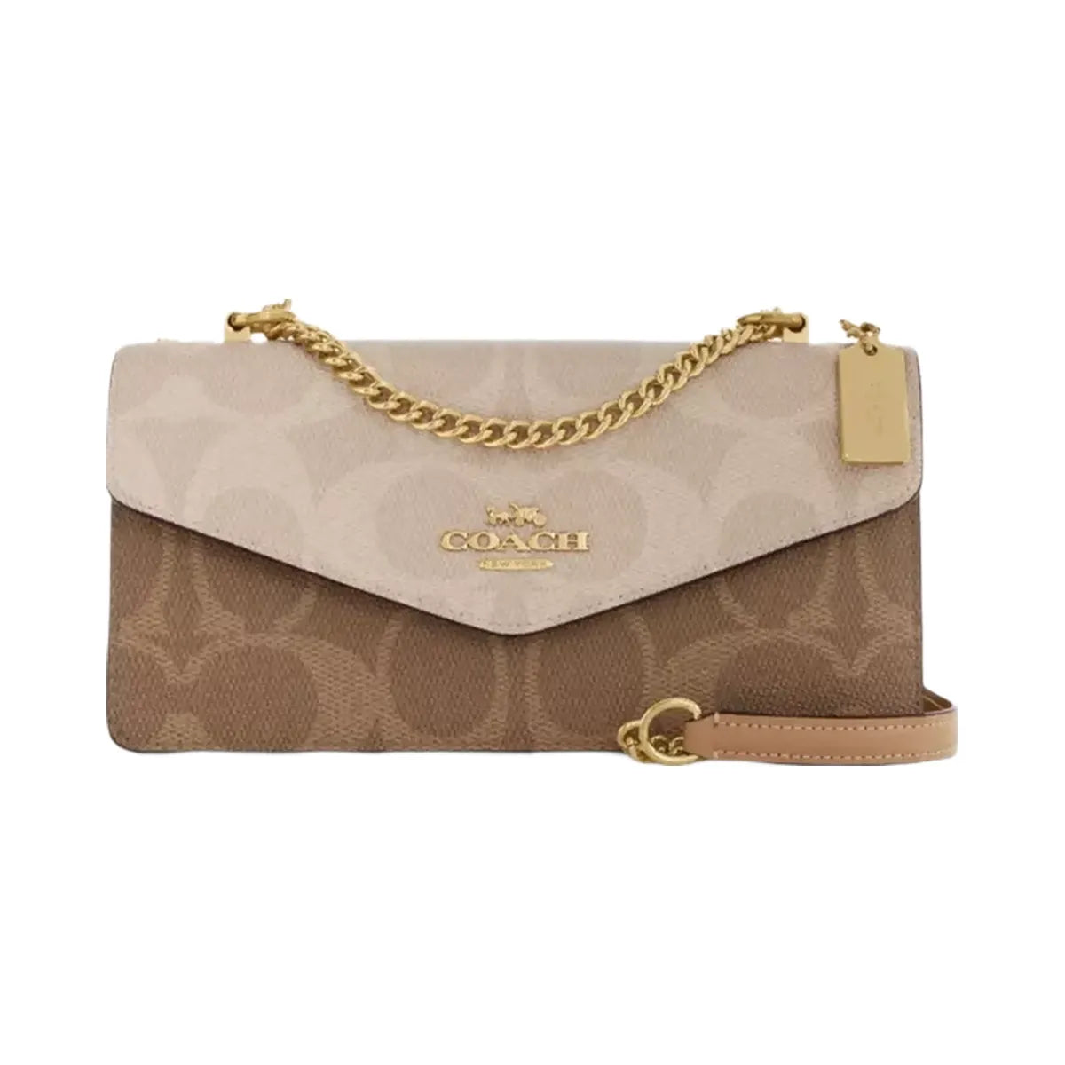 Coach Klare Envelope Crossbody Bag In Blocked Signature Canvas in Gold Sand Tan
