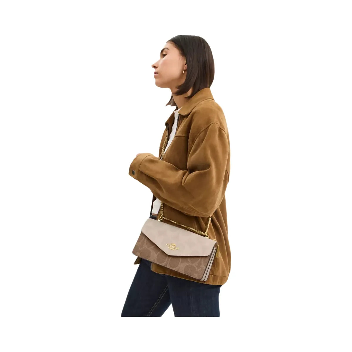 Coach Klare Envelope Crossbody Bag In Blocked Signature Canvas in Gold Sand Tan