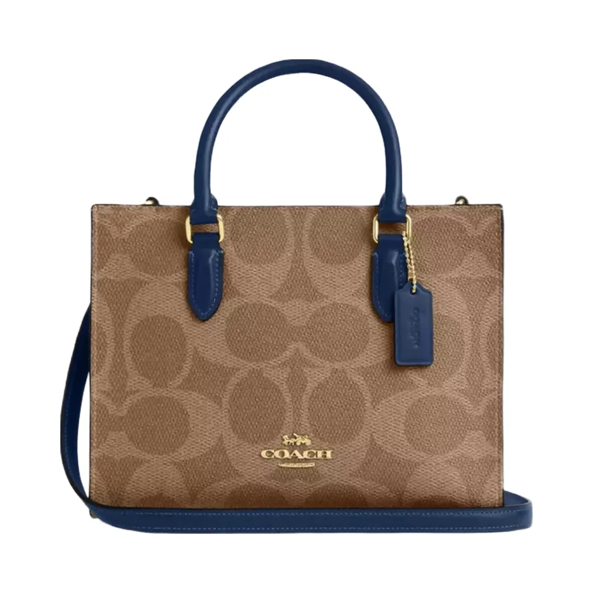 Coach Maggie Small Tote Bag In Signature Canvas in Gold Tan Deep Blue