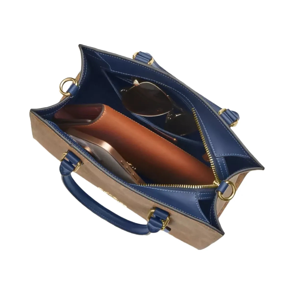 Coach Maggie Small Tote Bag In Signature Canvas in Gold Tan Deep Blue