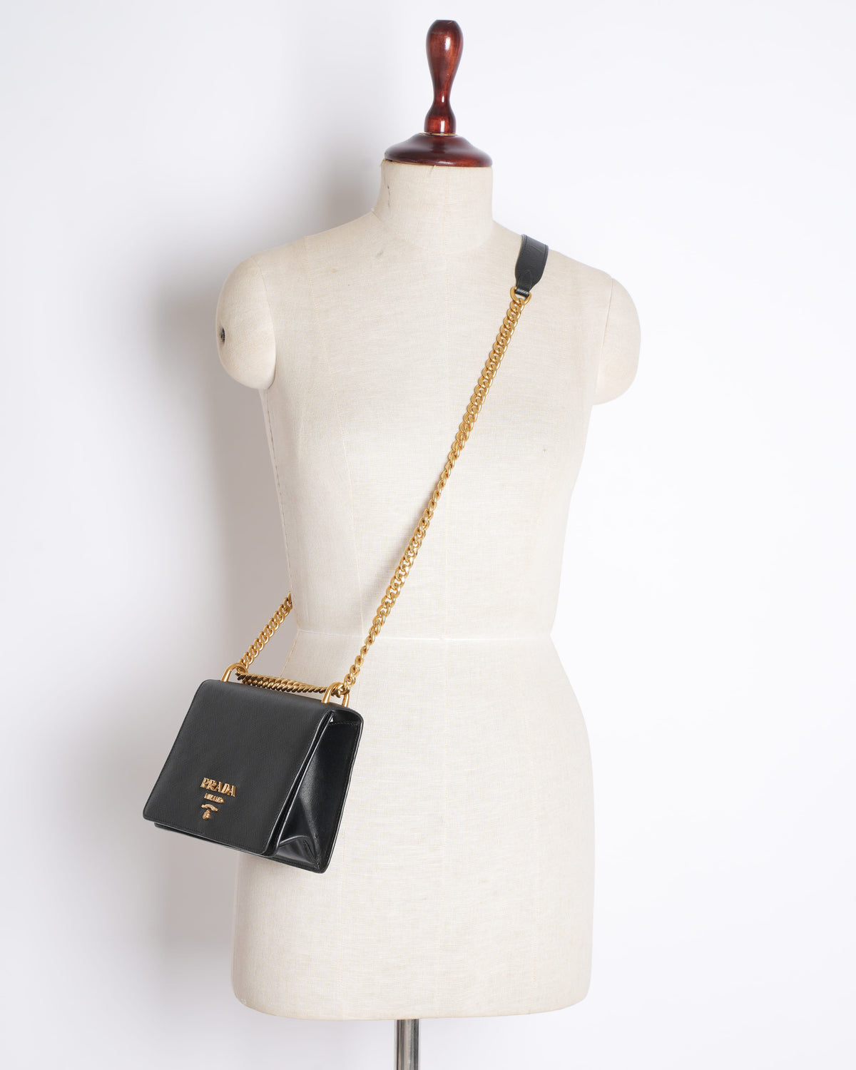 Prada Saffiano Leather Flap Chain Crossbody Bag in Black