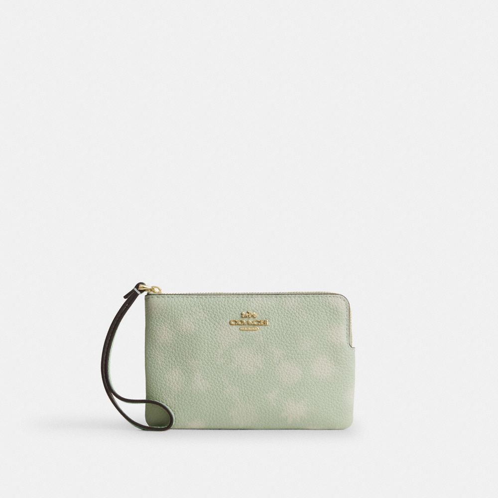 Coach Corner Zip Wristlet With Floral Print Gold Pale Green