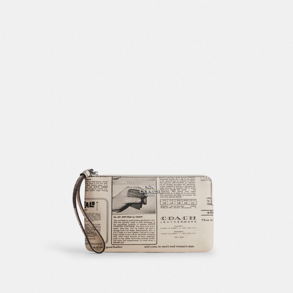Coach Large Corner Zip Wristlet With Newspaper Print Silver Chalk Multi