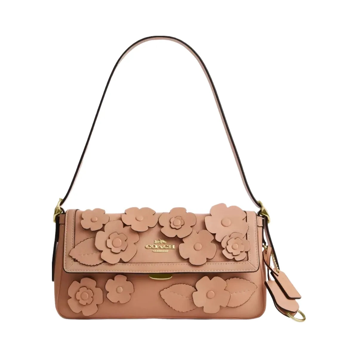 Coach Etta Small Flap Shoulder Bag With Floral Applique in Gold Light Pink