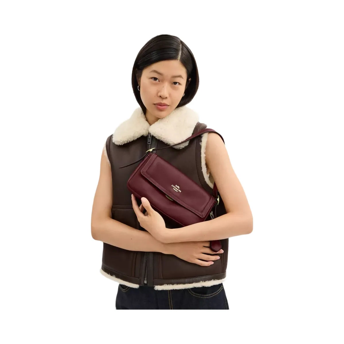 Coach Etta Small Flap Shoulder Bag in Gold Maroon