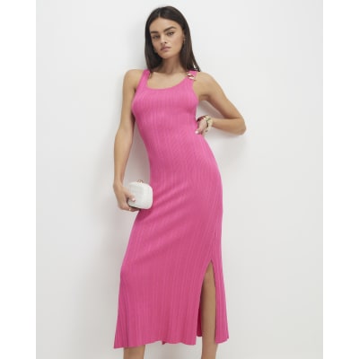 Pink Rib Knit Buckle Midi Dress