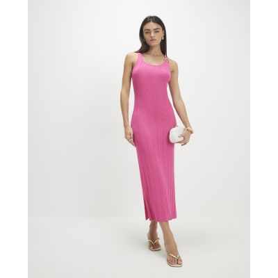Pink Rib Knit Buckle Midi Dress