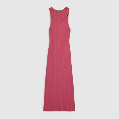 Pink Rib Knit Buckle Midi Dress