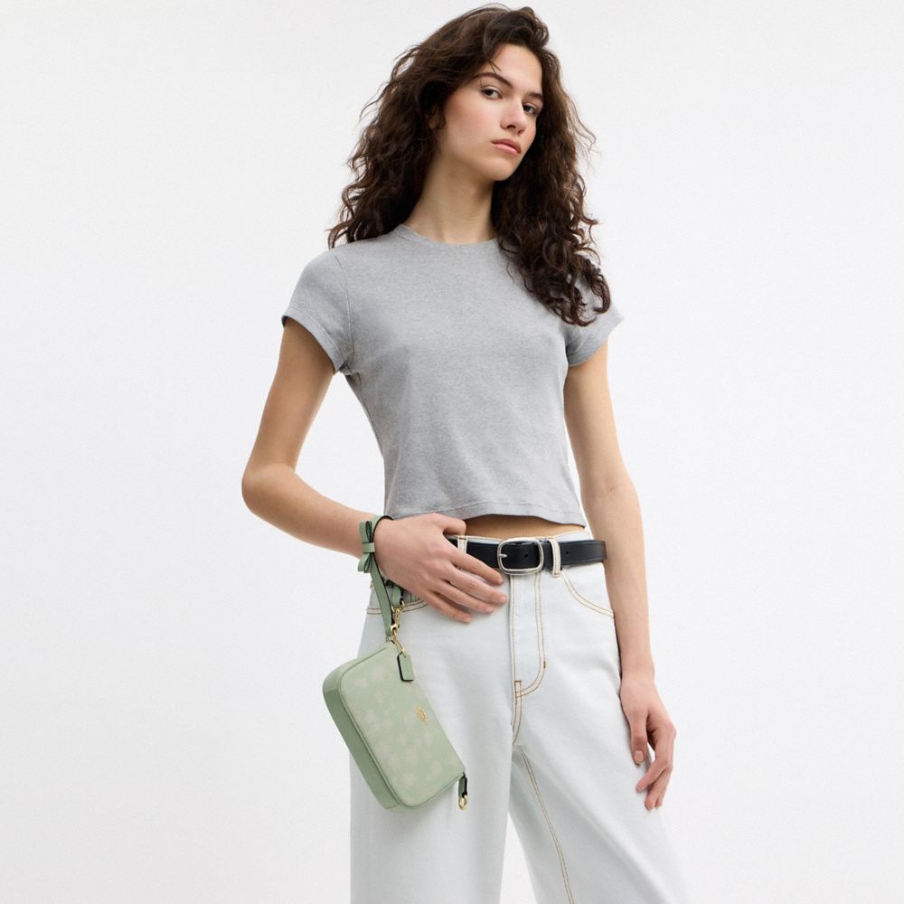 Coach Nolita 19 With Floral Print And Bow Gold Pale Green