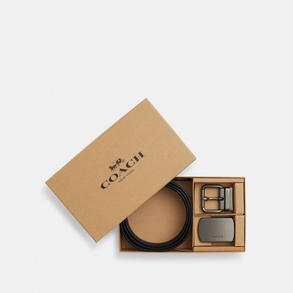 Coach Boxed Roller Buckle Cut To Size Reversible Belt, 38 Mm Gunmetal Tan Charcoal