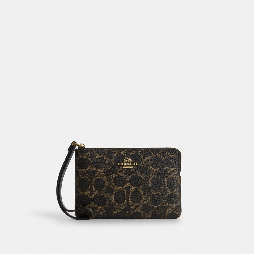 Coach Corner Zip Wristlet In Loved Signature Canvas Gold Brown