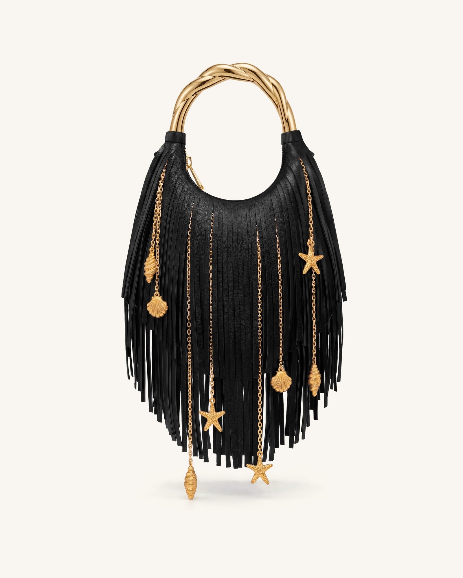 Chloe Metal Handle Fringe Top Handbag - Navy Blue
