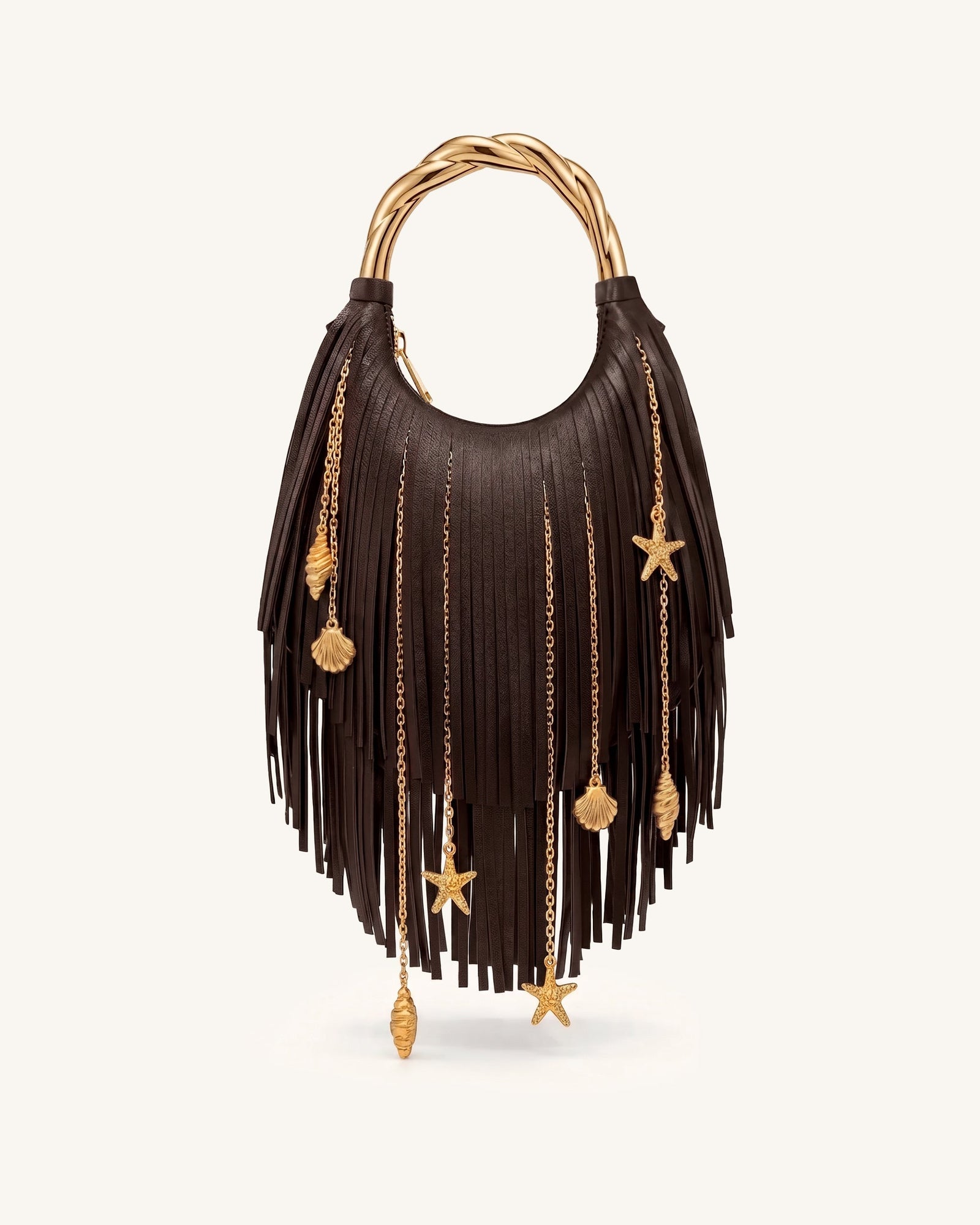 Chloe Metal Handle Fringe Top Handbag - Navy Blue