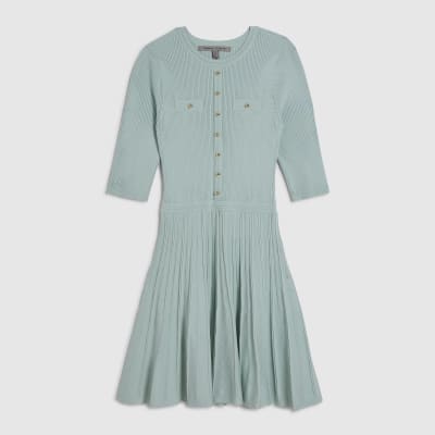 Green Knitted Pointelle Skater Mini Dress