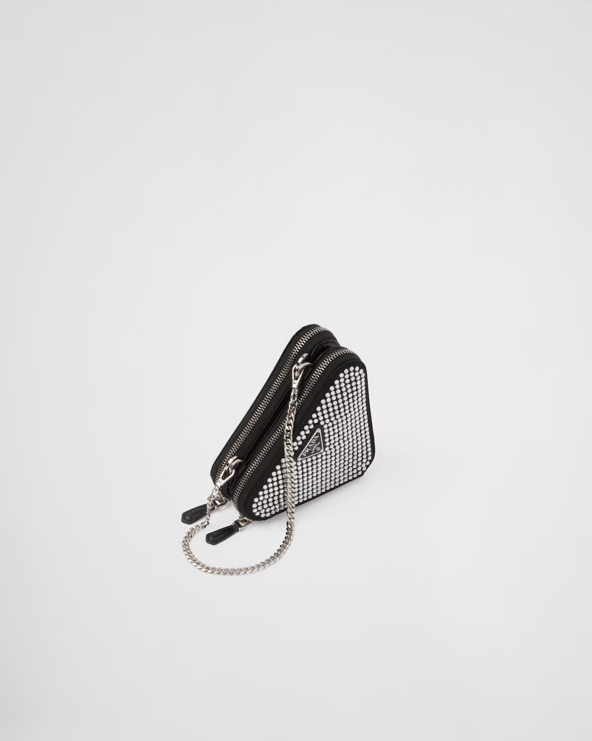 Triangular embellished satin and leather mini-pouch