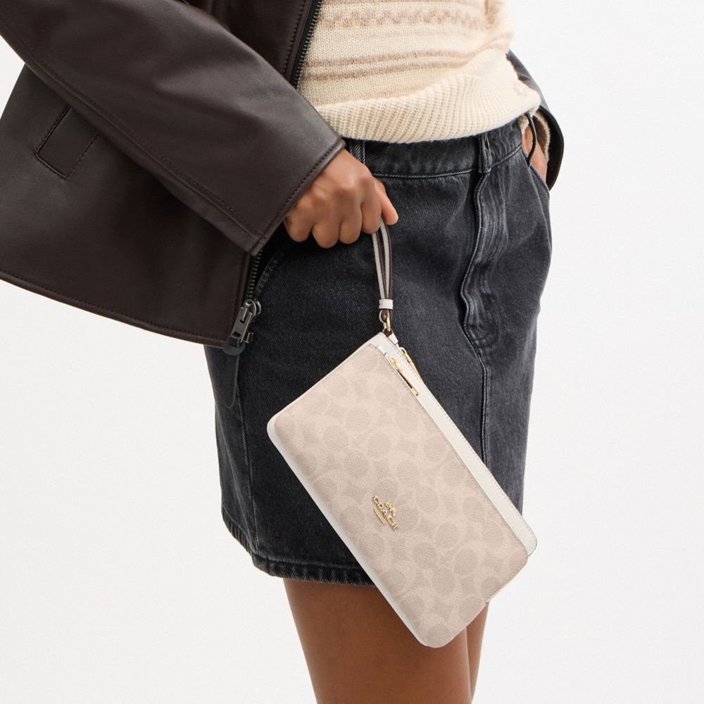 Coach Double Zip Wallet In Signature Canvas Gold Sand Chalk