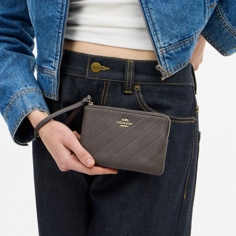 Coach Corner Zip Wristlet With Quilting Gold Slate