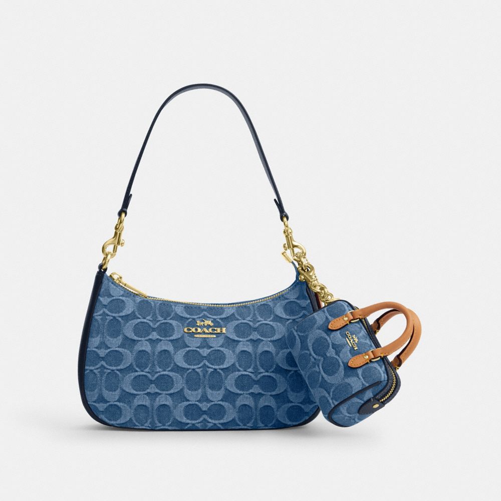 Coach Mini Rowan Bag Charm In Signature Denim Gold Indigo