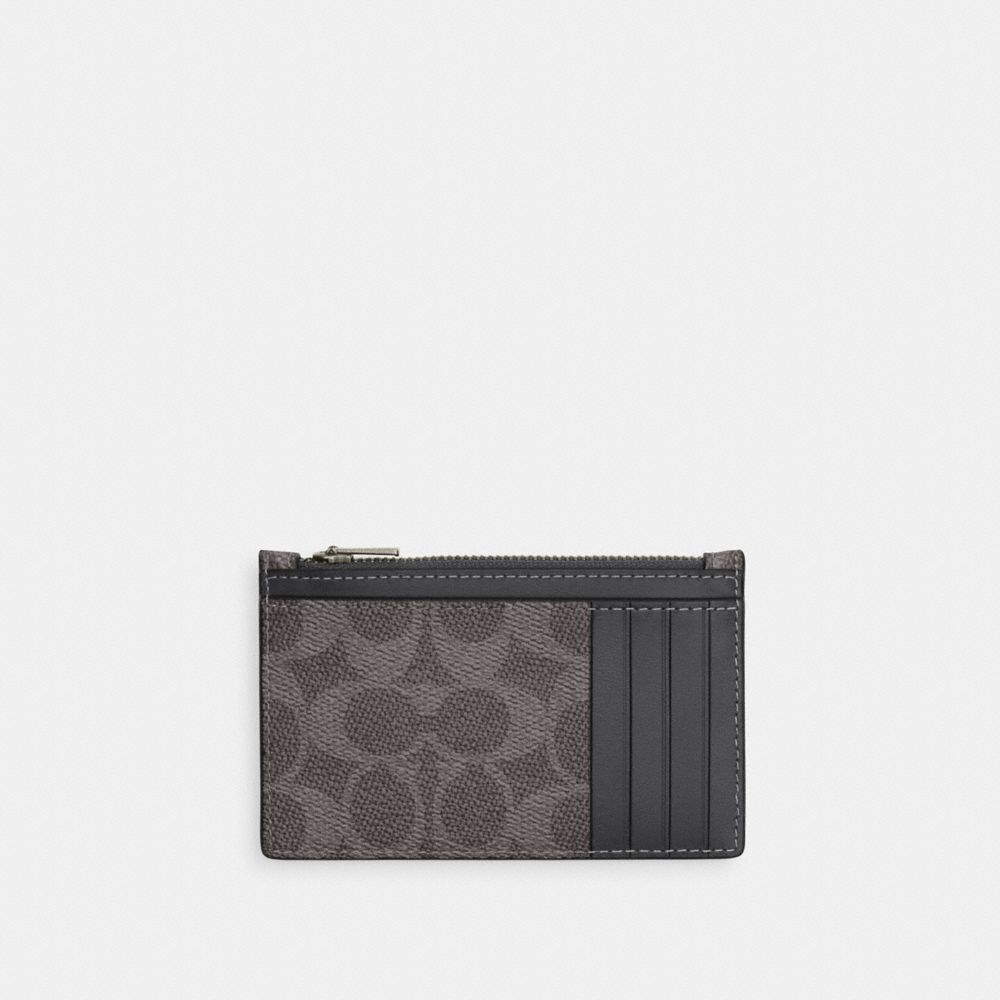 Coach Zip Card Case In Signature Canvas Gunmetal Grey Charcoal
