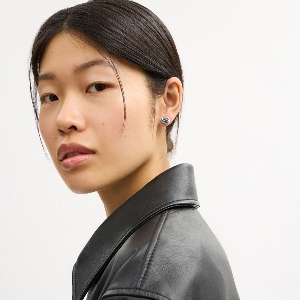Coach Signature Link Enamel Stud Earrings Silver Black