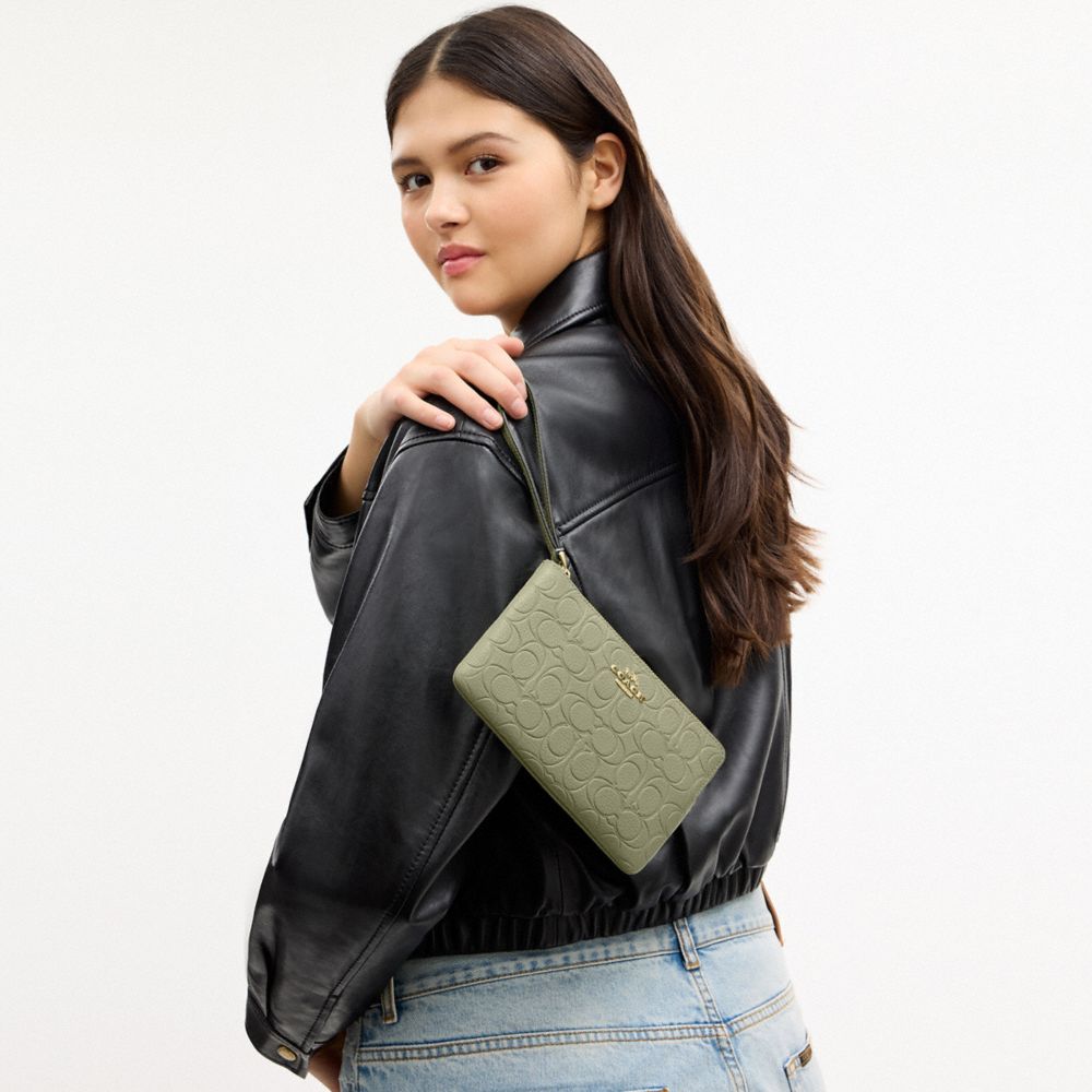 Coach Large Corner Zip Wristlet In Signature Leather Gold Pistachio