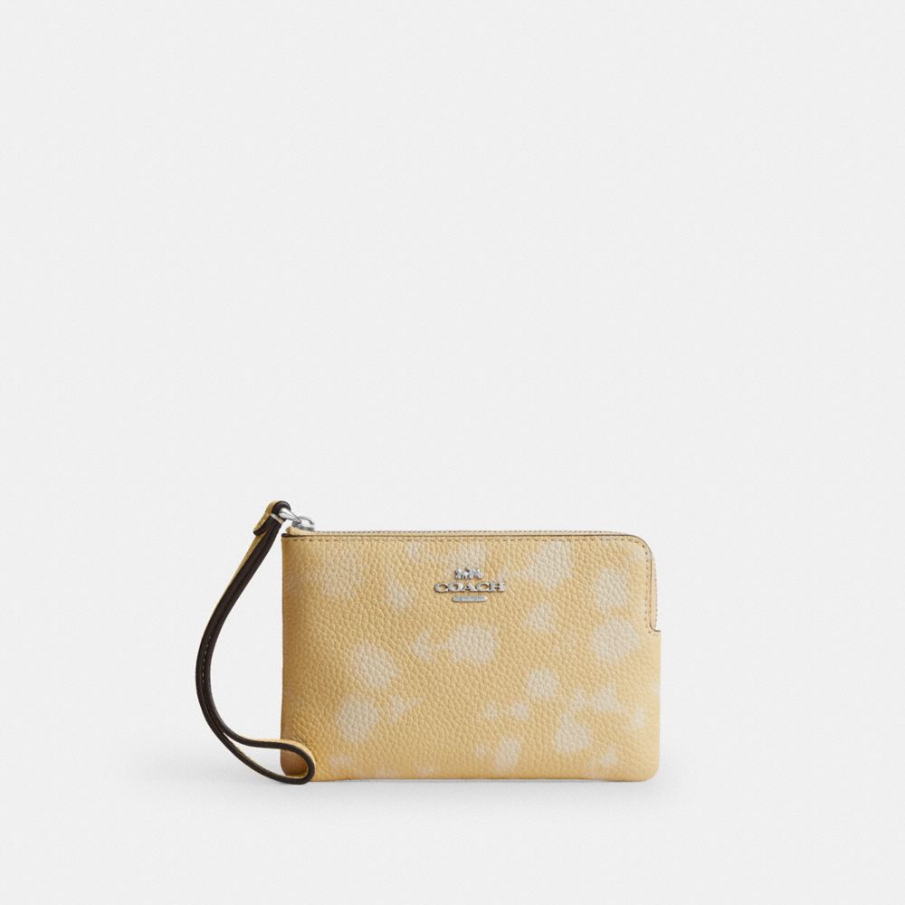 Coach Corner Zip Wristlet With Floral Print Silver Washed Yellow