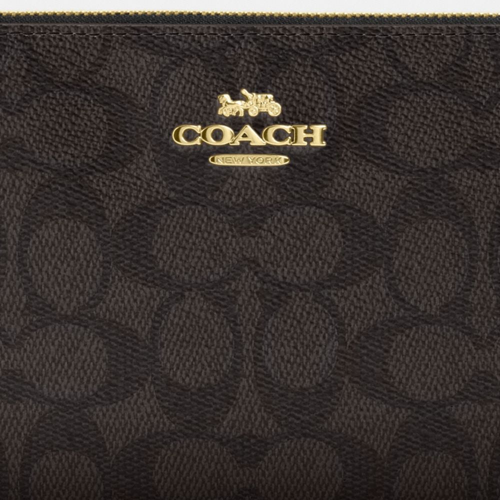 Coach Large Corner Zip Wristlet In Signature Canvas Gold Walnut Black