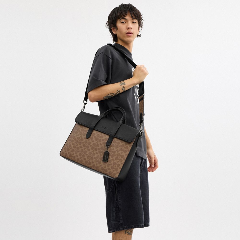 Coach Sullivan Portfolio Brief In Signature Canvas Gunmetal Tan Black