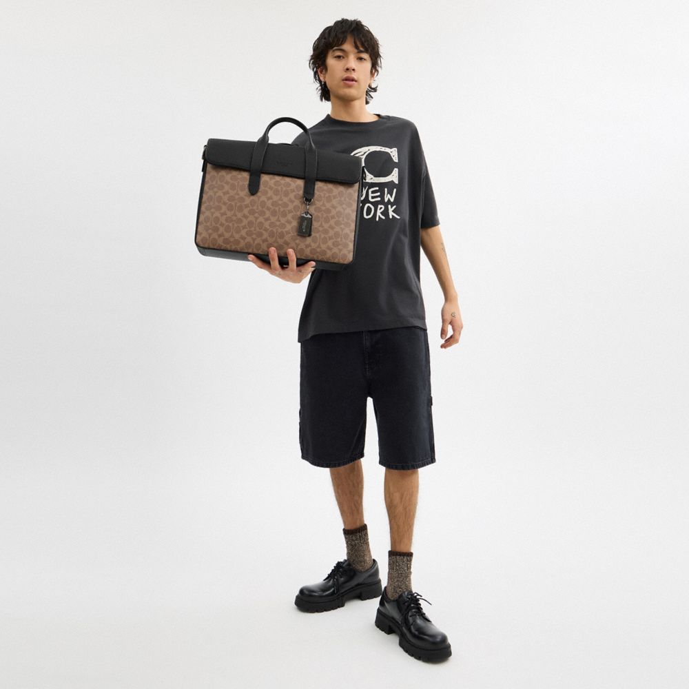 Coach Sullivan Portfolio Brief In Signature Canvas Gunmetal Tan Black