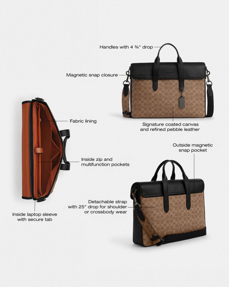 Coach Sullivan Portfolio Brief In Signature Canvas Gunmetal Tan Black