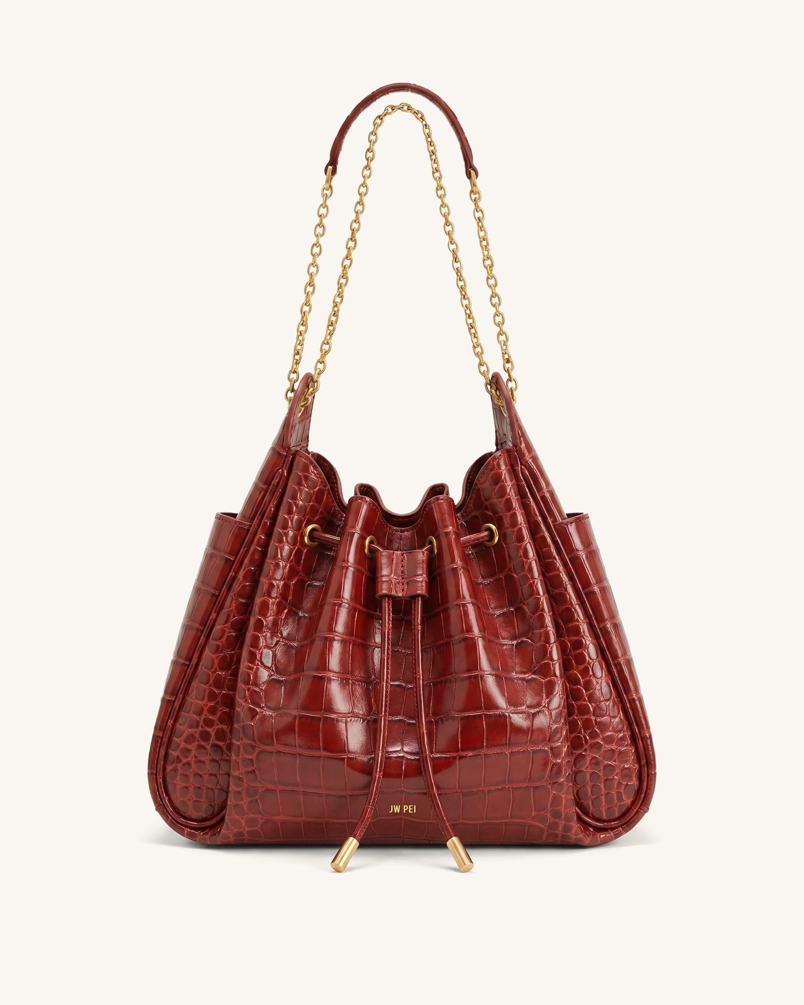 Rowan Ruched Drawstring Chain Bucket Bag - Black