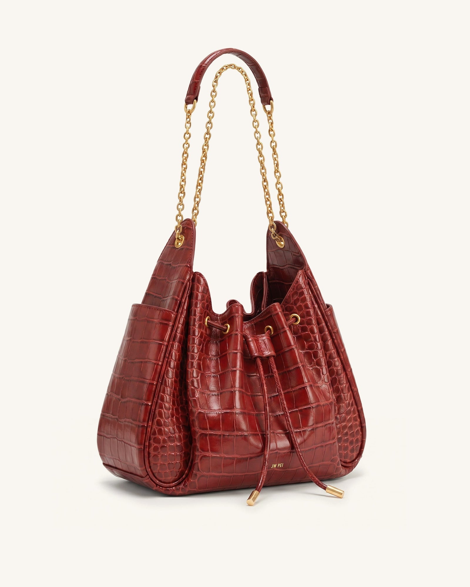 Rowan Ruched Drawstring Chain Bucket Bag - Black