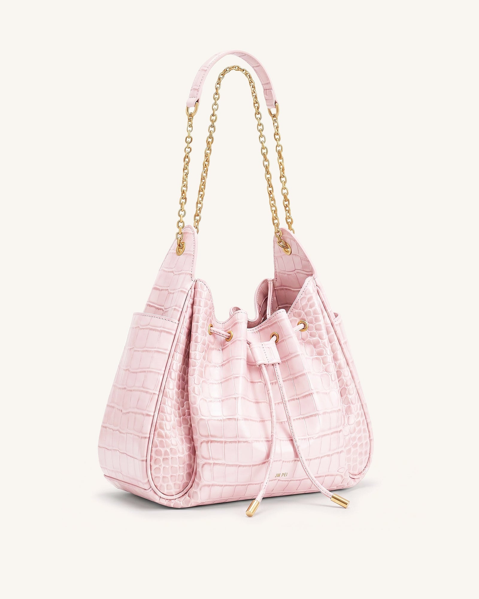 Rowan Ruched Drawstring Chain Bucket Bag - Black