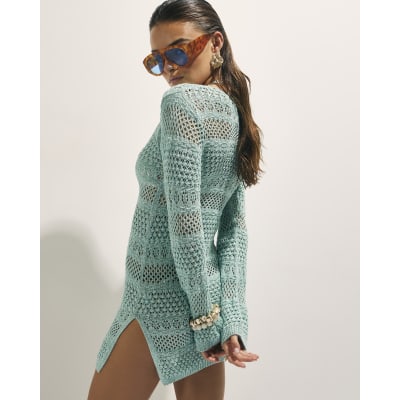 Green Metallic Knit Mini Beach Dress