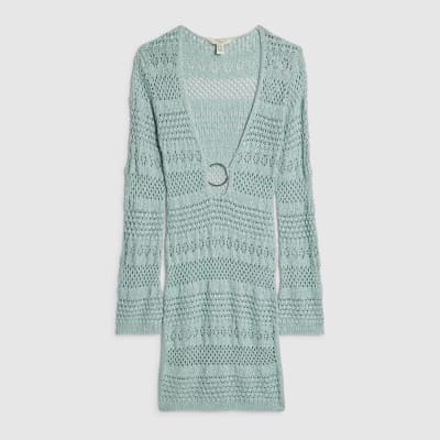 Green Metallic Knit Mini Beach Dress