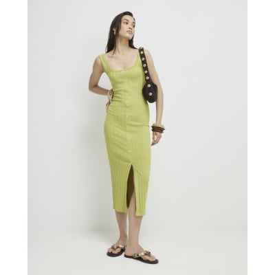 Green Sleeveless Ribbed Button Midi Dress