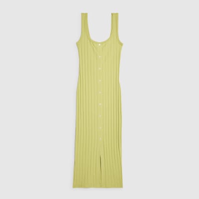 Green Sleeveless Ribbed Button Midi Dress