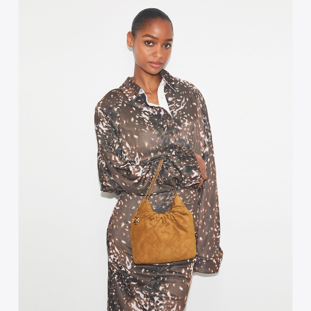 Tory Burch Mini Fleming Soft Suede Hobo Bag CHICORY BROWN