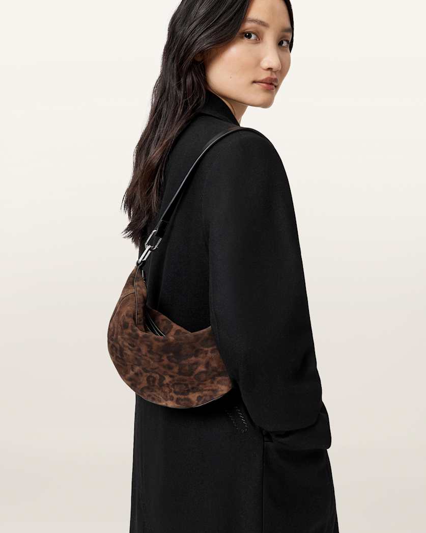 AllSaints Luna Leopard Print Suede Shoulder Bag Women's Leopard Brown Women's