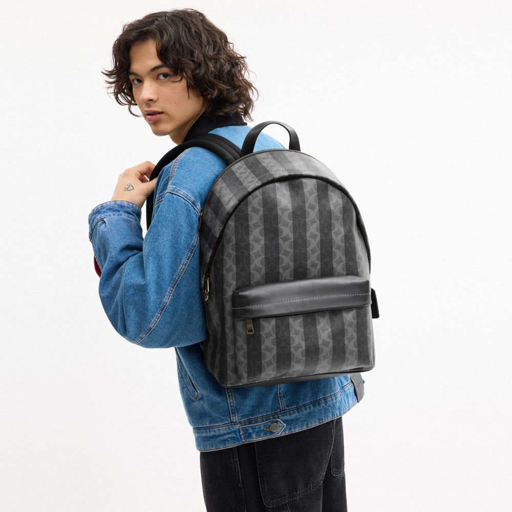 Coach Taylor Backpack In Signature Canvas With Stripes Gunmetal Black Grey