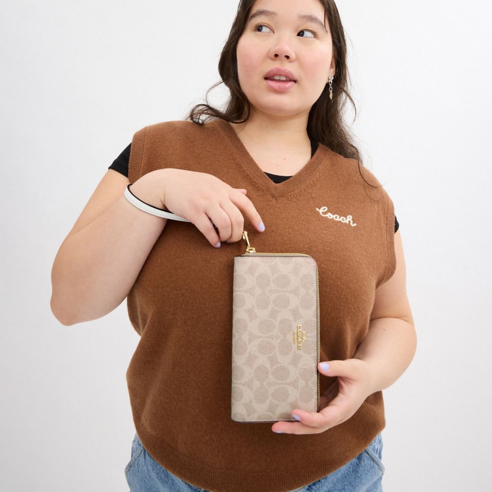 Coach Long Zip Around Wallet In Signature Canvas Gold Sand Chalk