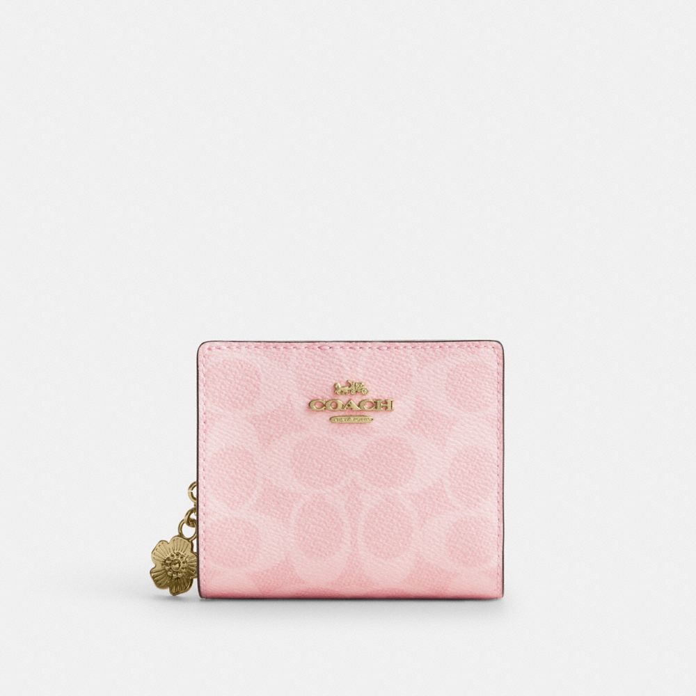 Coach Snap Wallet In Signature Canvas With Charm Gold Powder Pink